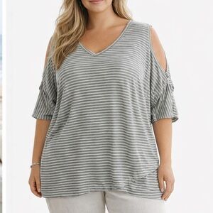Fresh Produce Top Women 2X Plus Grey Pullover Blouse Striped Cold Shoulder USA